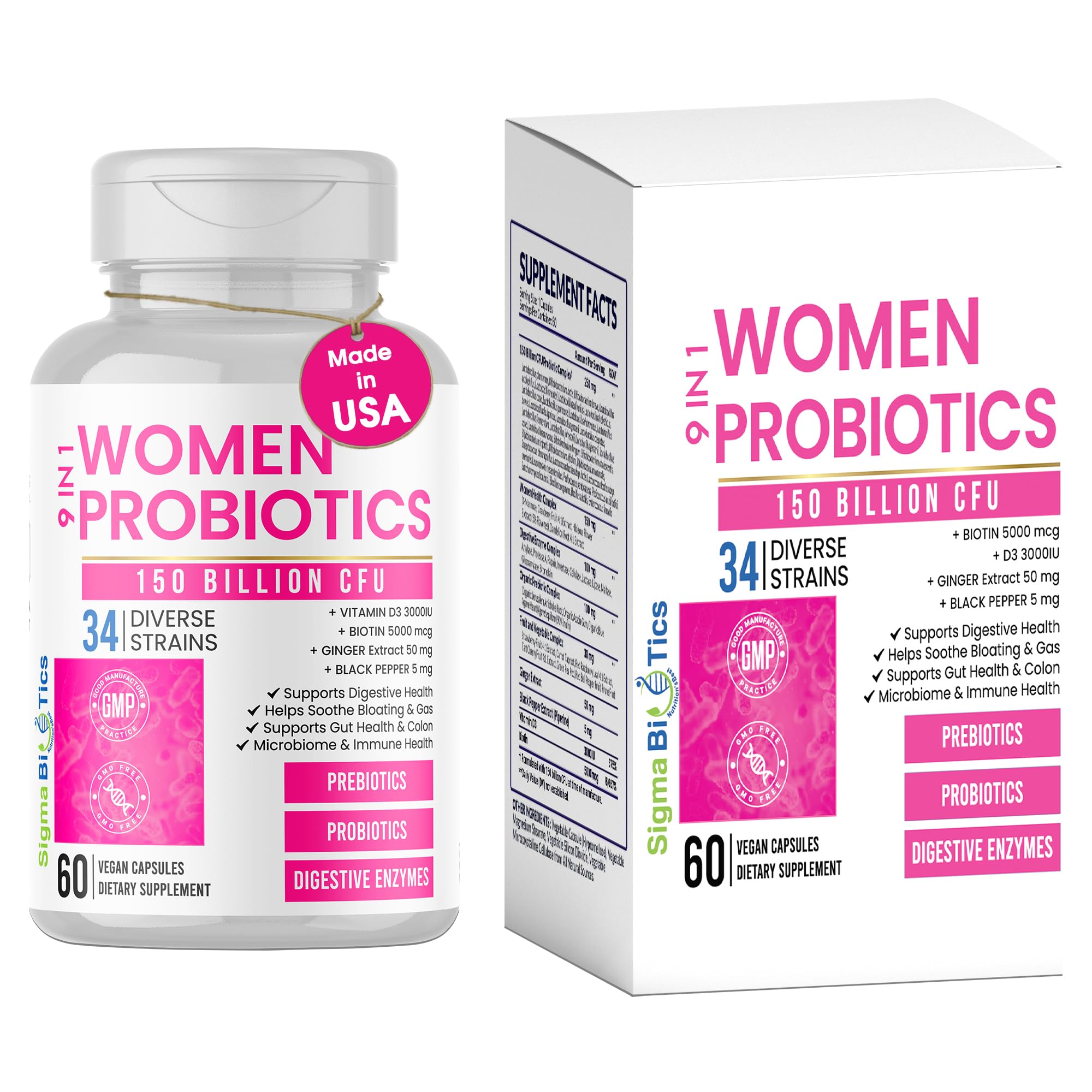 Bottle label showing 150 Billion CFU and 34 strains in 60 vegan capsules.