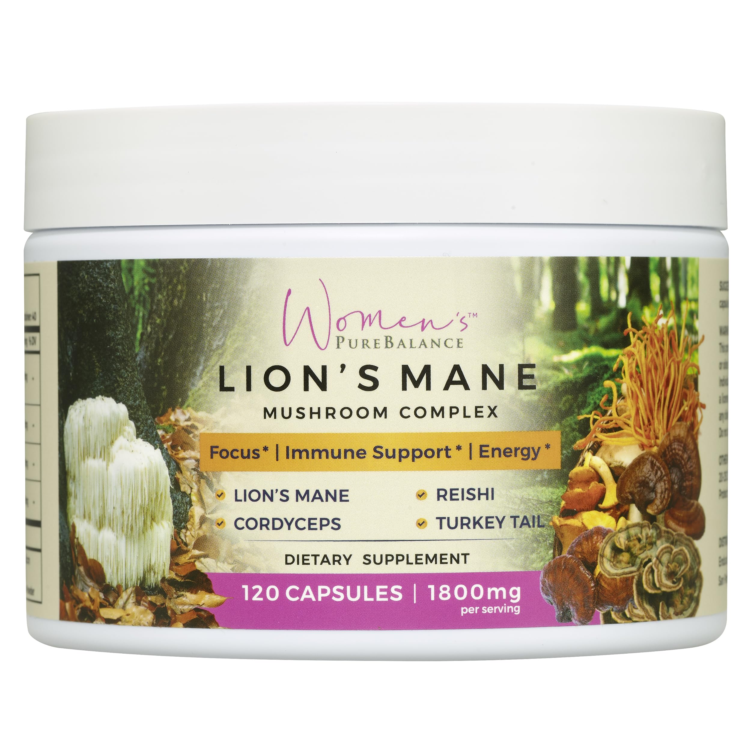 Bottle of Women's PureBalance Lion's Mane supplement capsules with Reishi, Cordyceps and Turkey Tail