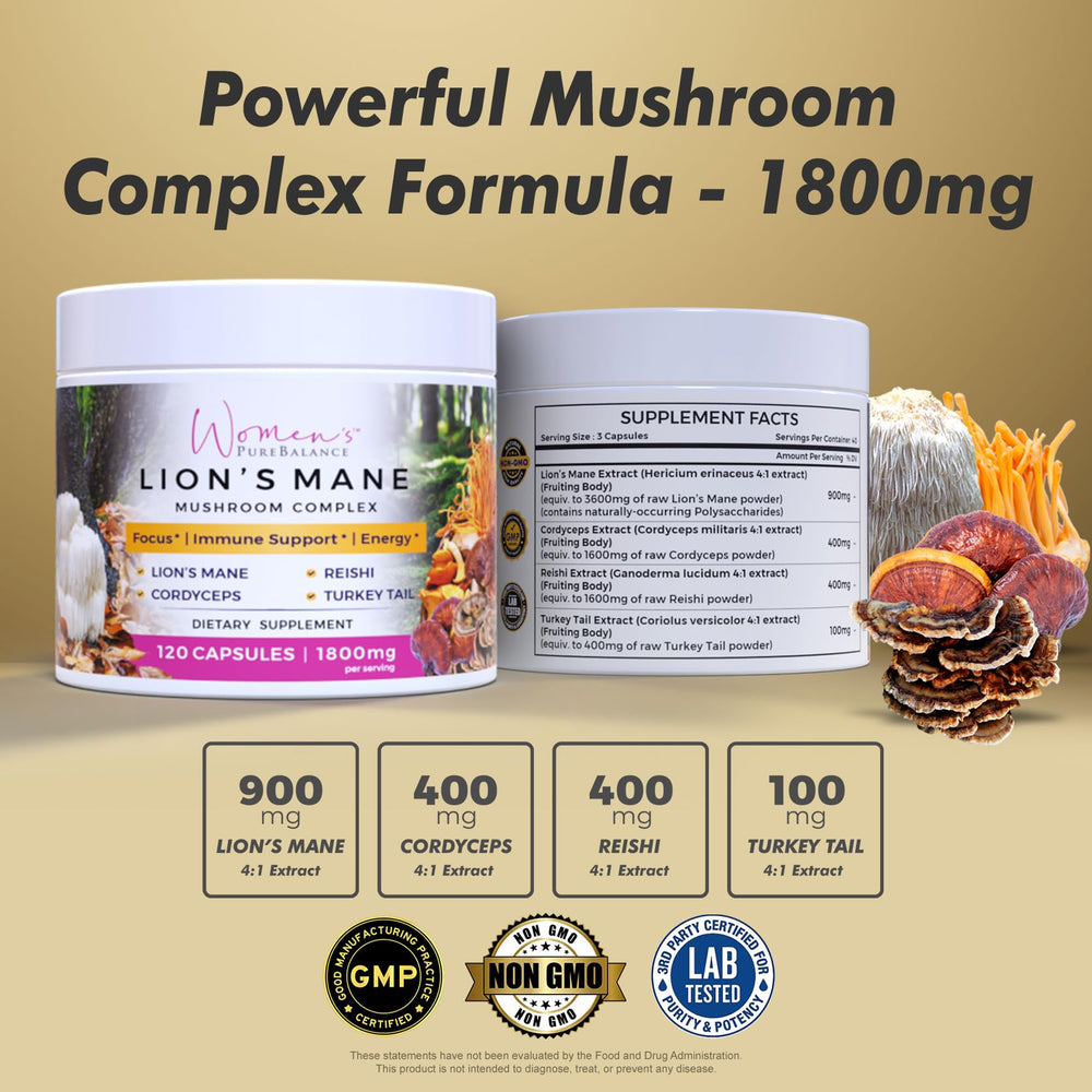 Illustration of Lion's Mane, Reishi, Cordyceps, and Turkey Tail mushrooms