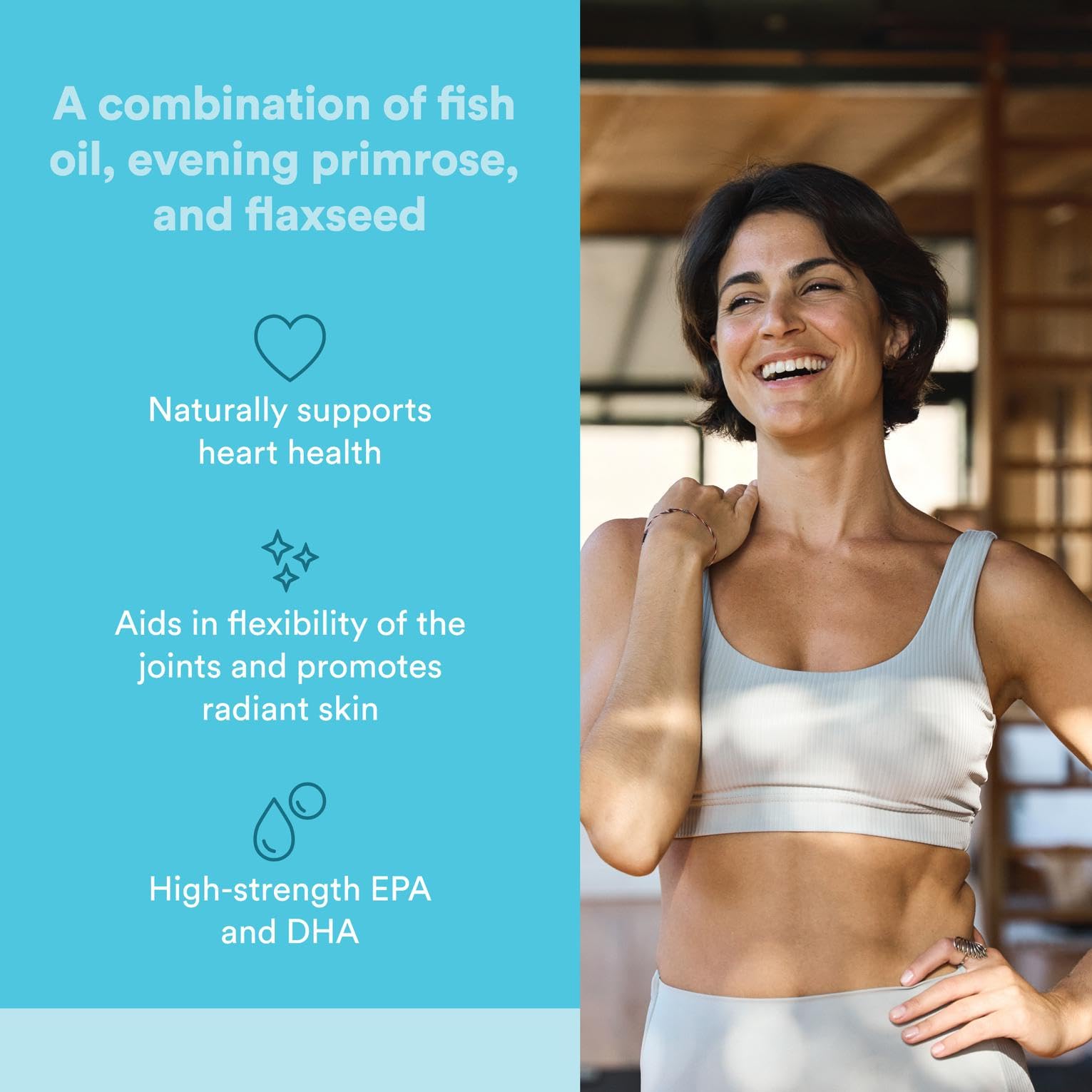 Close-up of evening primrose oil and flaxseed ingredients