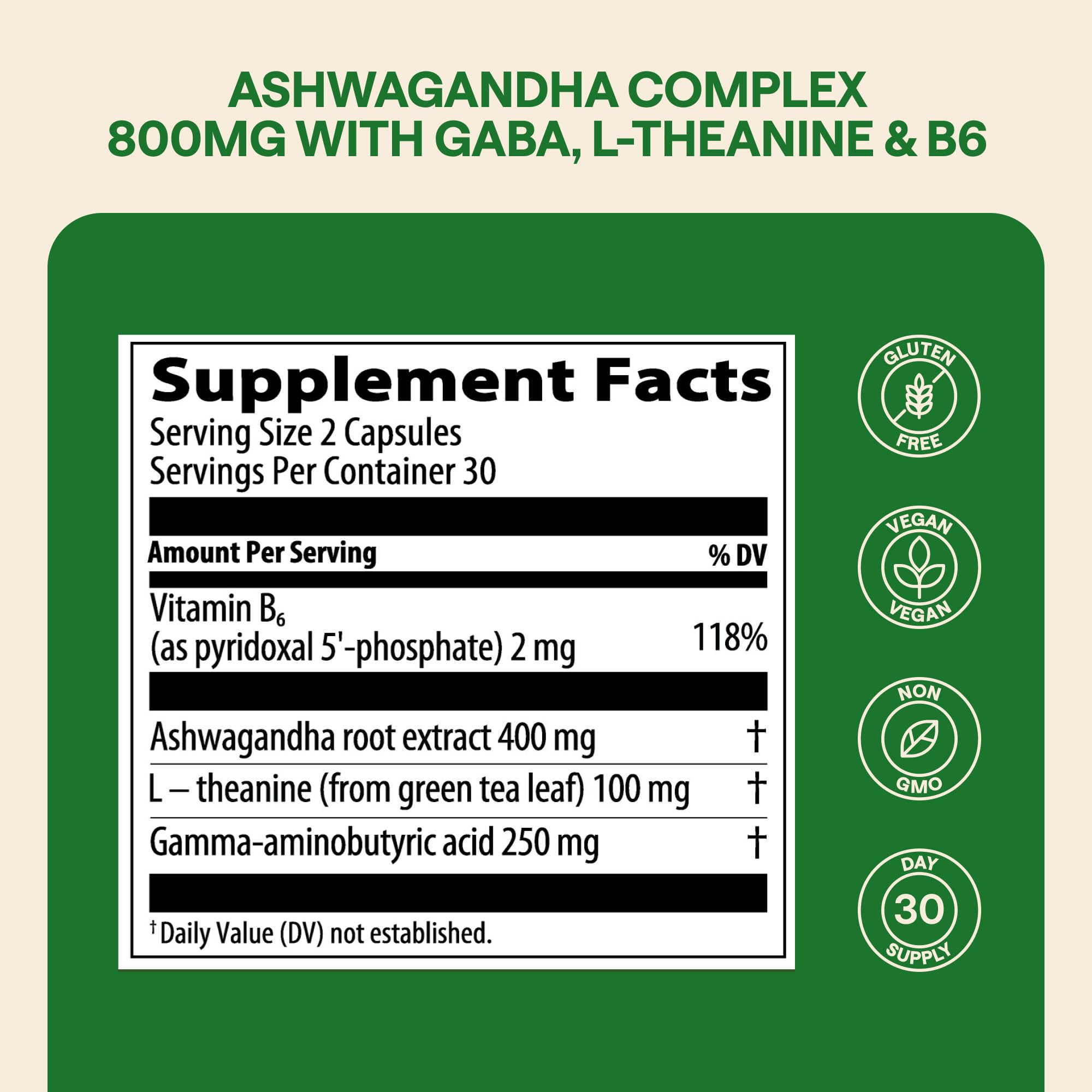 Supplement facts panel for 800mg Ashwagandha and ingredients