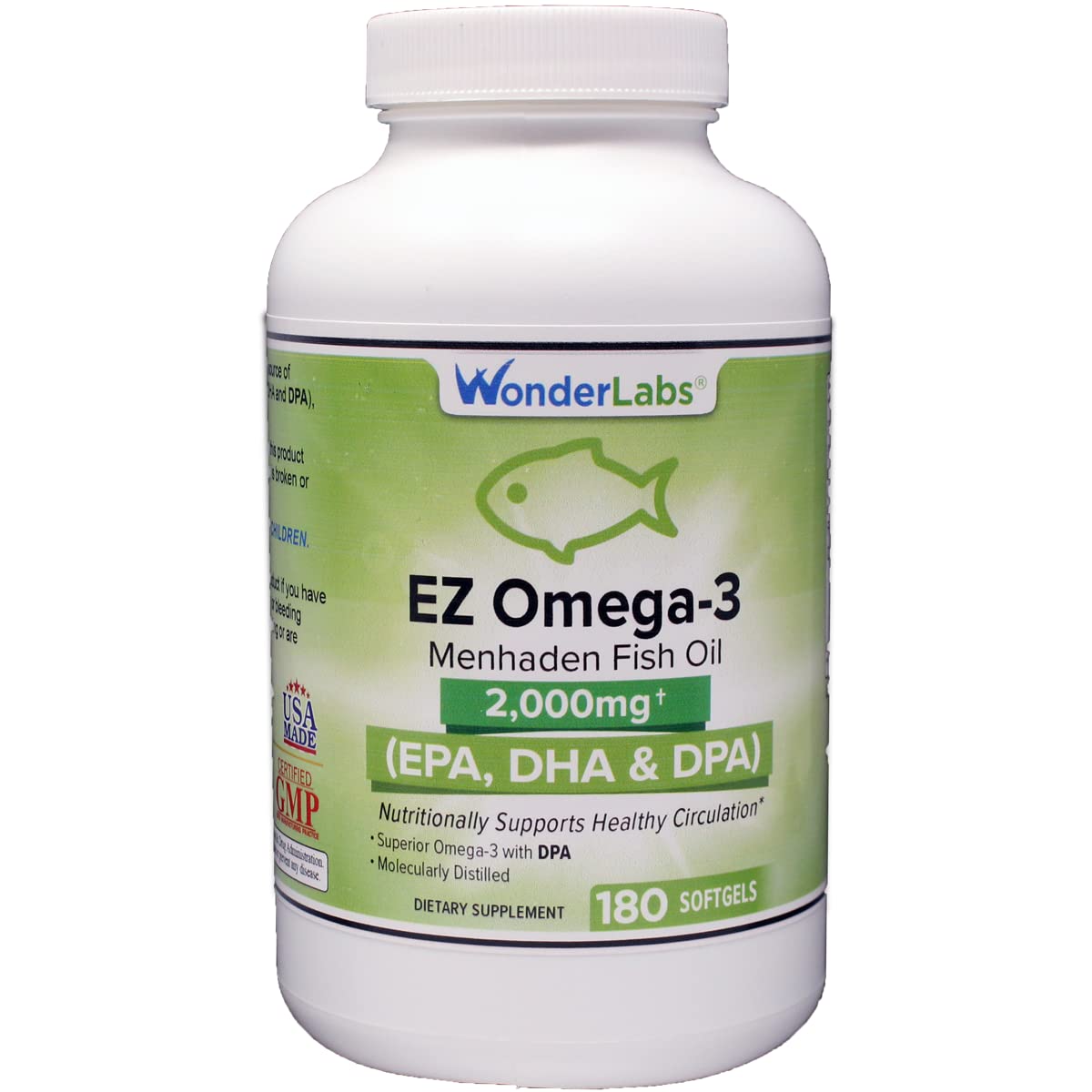 Bottle of Wonder Laboratories EZ Omega-3 with 180 softgels, USA made