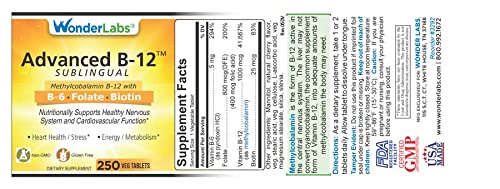 Wonder Laboratories Sublingual B12 bottle label highlights 1000 mcg B12 and vegan formula.