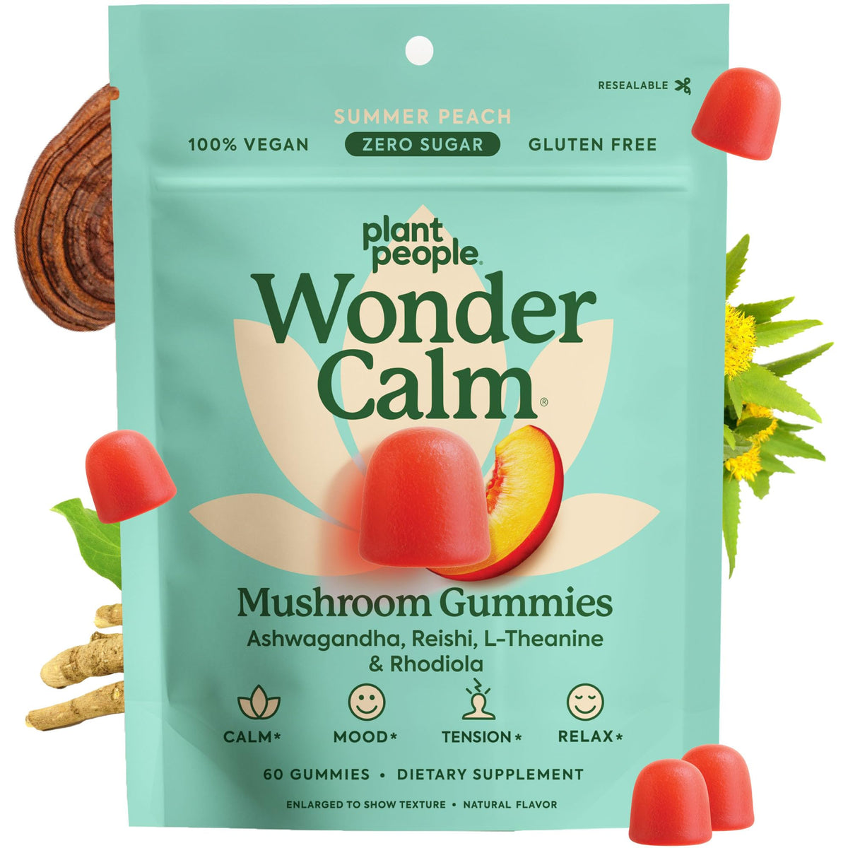 Front view of WonderCalm Peach gummy bottle