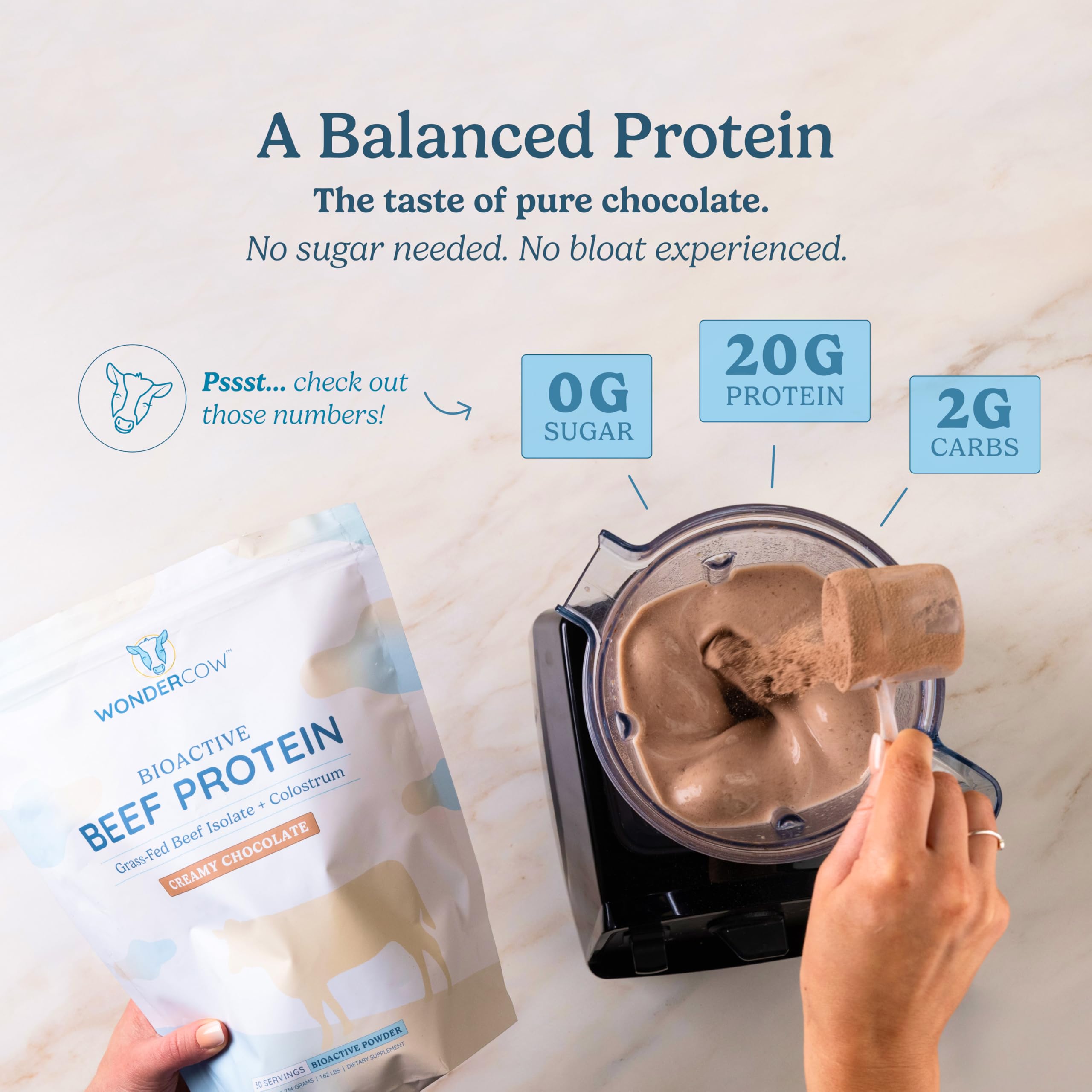 WONDERCOW Beef Protein Isolate scoop emphasizes easy measurement for pre- or post-workout nutrition.