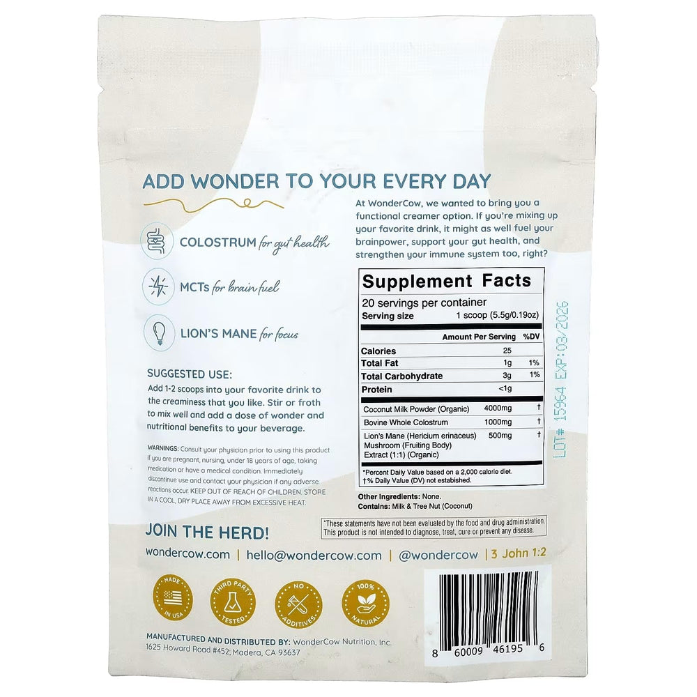 WonderCow Colostrum Creamer packaging on kitchen counter