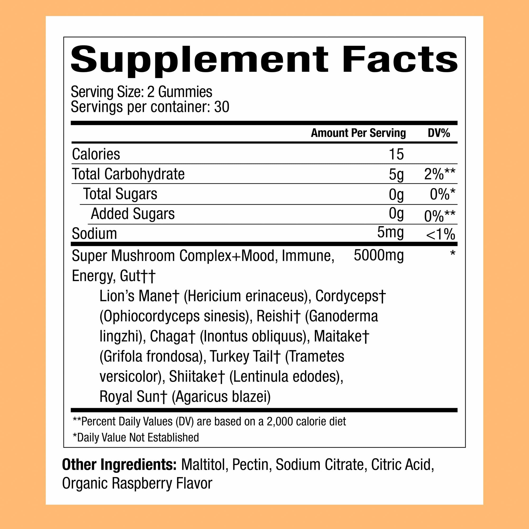 WonderDay Mushroom Gummies bottle – back label with nutrition information
