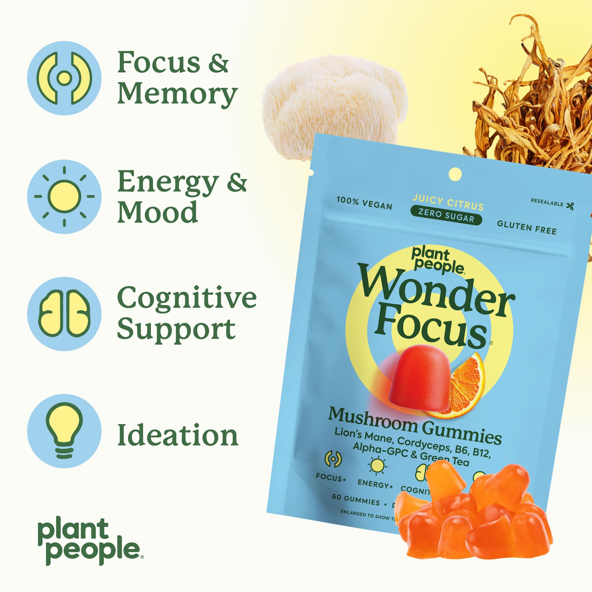 Close-up of WonderFocus gummies showing citrus flavor