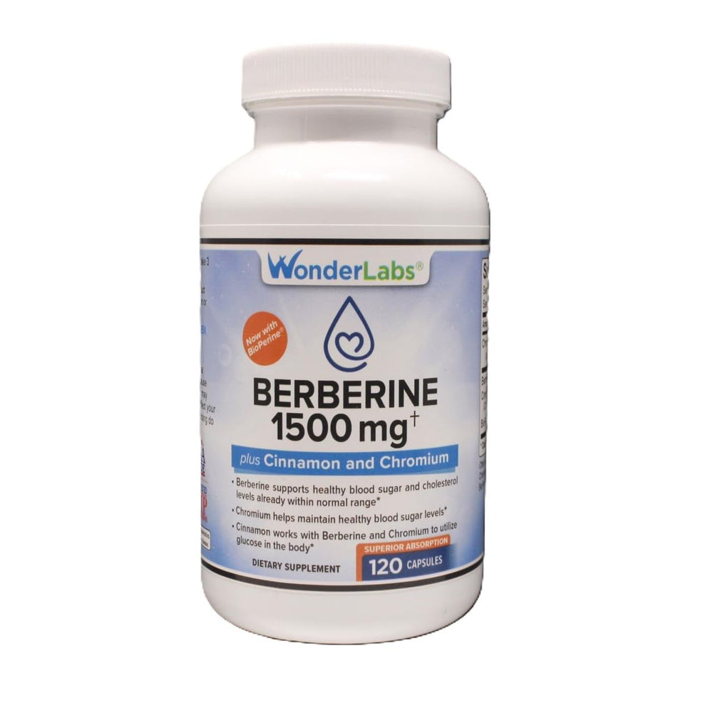 Front view of Wonder Laboratories Berberine HCl 1500mg bottle with cinnamon and Bioperine