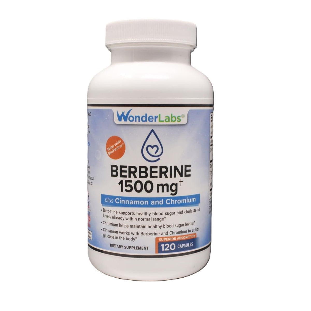 Front view of Wonder Laboratories Berberine HCl 1500mg bottle with cinnamon and Bioperine