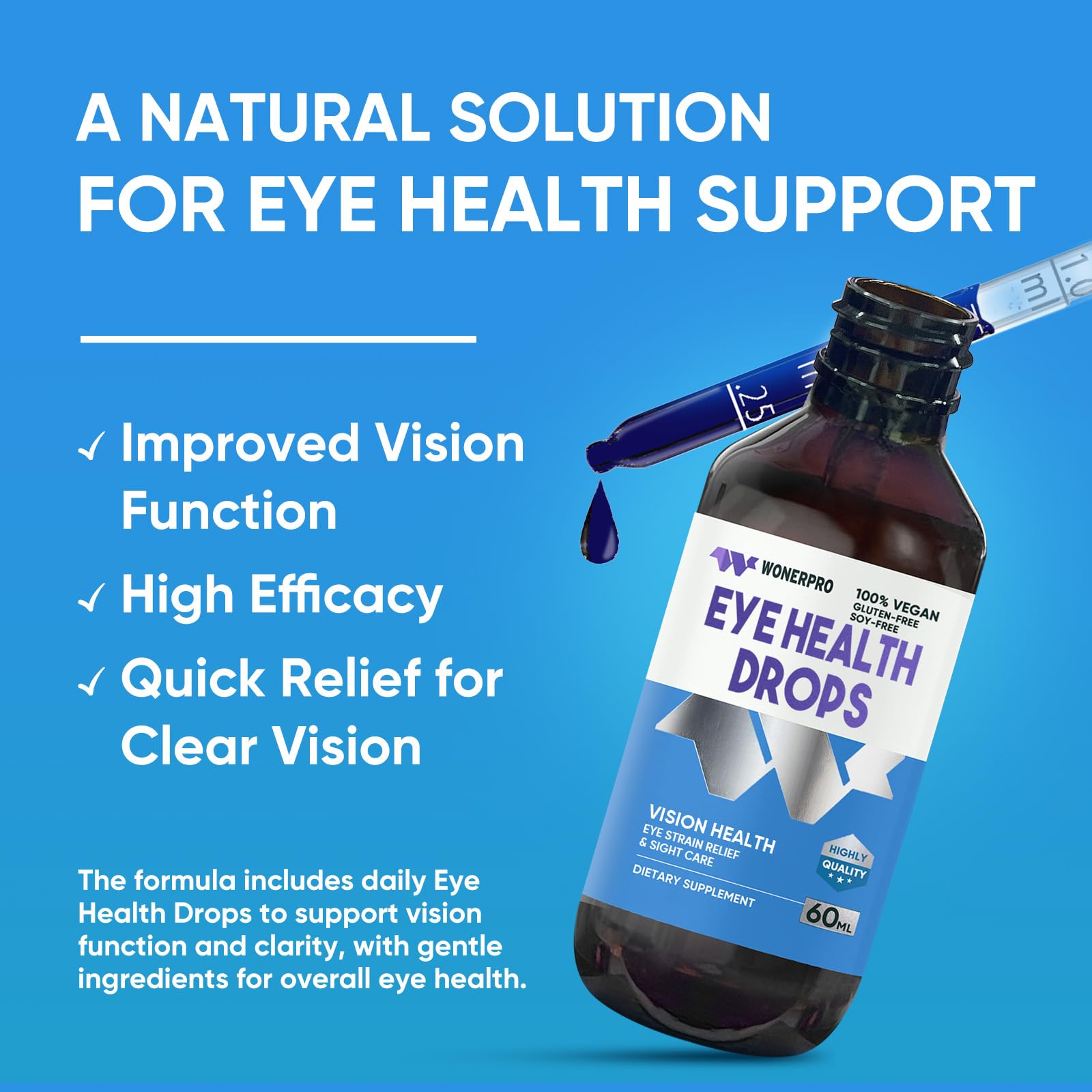 Gluten-free and Non-GMO labeling on WONERPRO Eyebright Drops