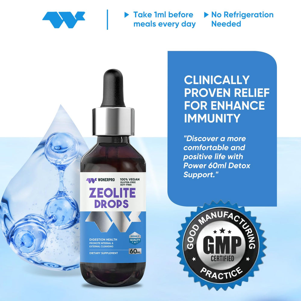 WONERPRO Zeolite Drops with Organic Chlorella blend for gentle detox support.