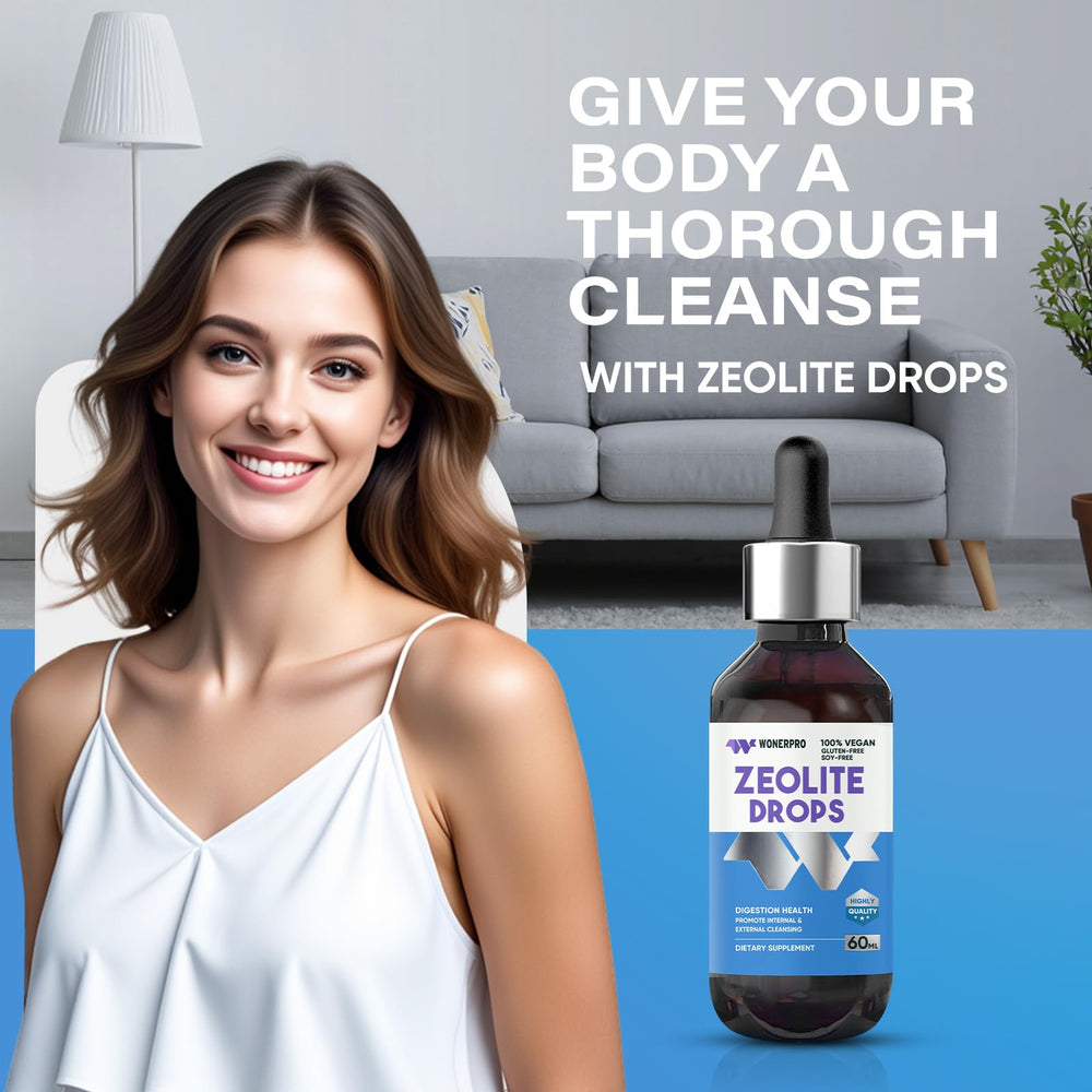 WONERPRO Zeolite Drops poured into water for easy daily detox ritual.