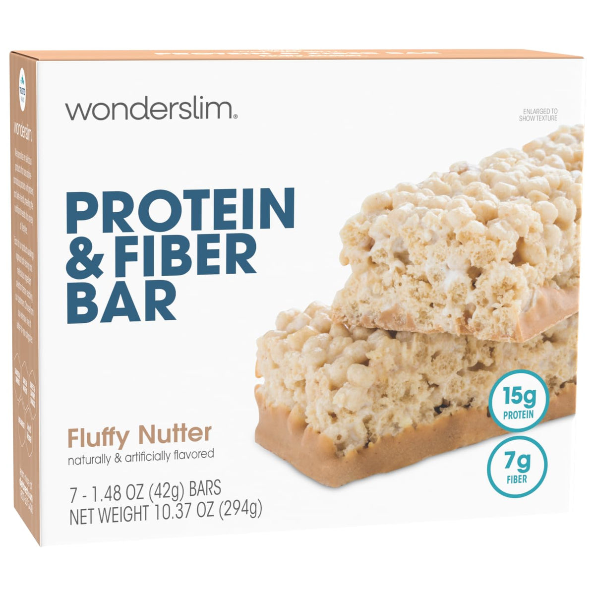 Front view of Wonderslim Fluffy Nutter High Fiber Protein Bars packaging
