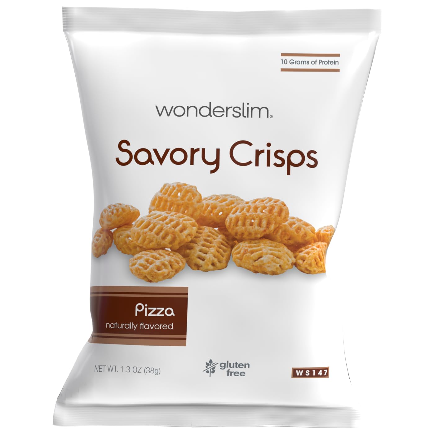 WonderSlim Protein Snack Chips Pizza bag highlights convenient single-serve portions for on-the-go snacking.