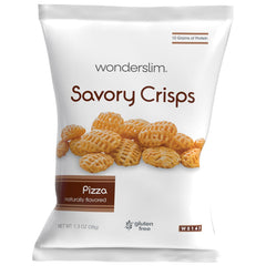 WonderSlim Protein Snack Chips Pizza bag highlights convenient single-serve portions for on-the-go snacking.