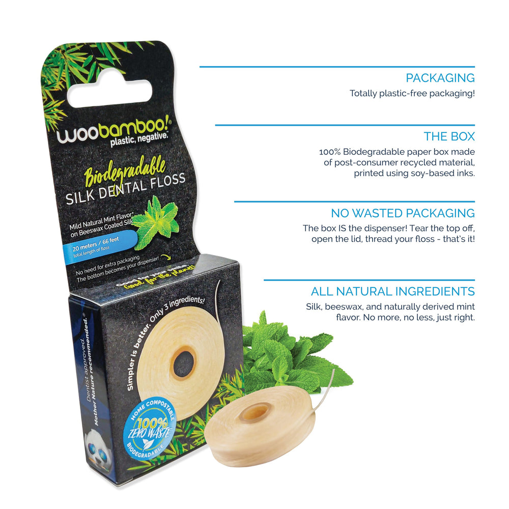 Mint-flavored silk dental floss close-up (65.6 ft) in pack
