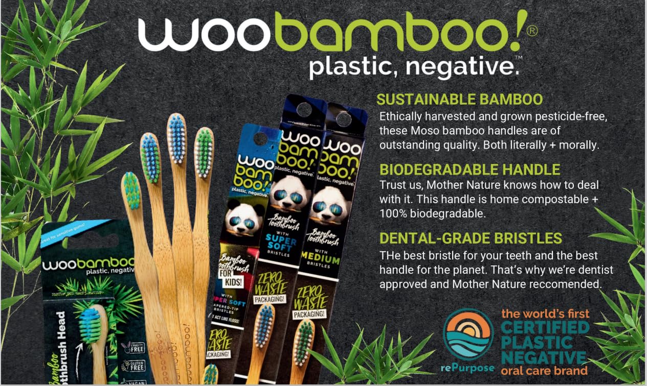 Six-pack bamboo toothbrush heads arranged for display