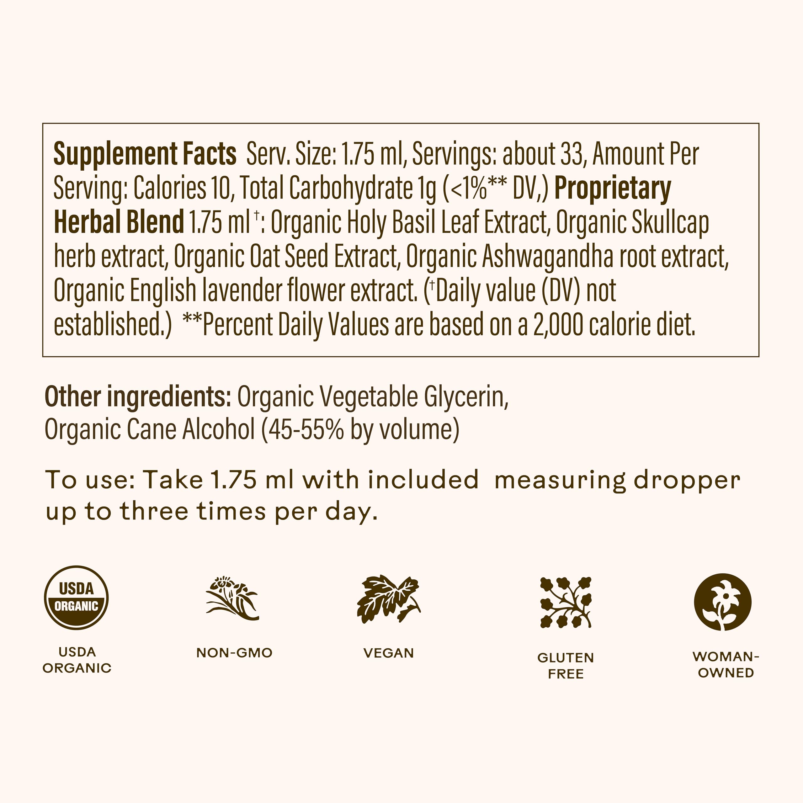 Close-up of six-herb complex ingredients including skullcap and ashwagandha