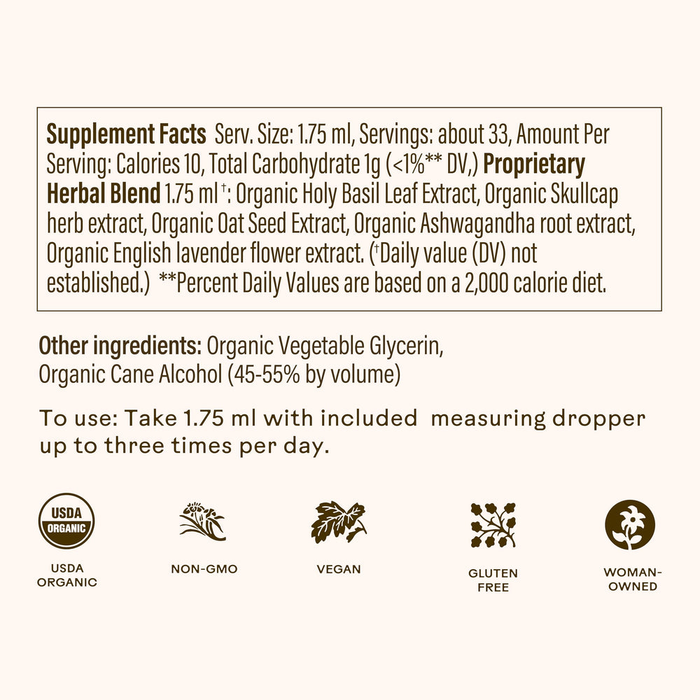 Close-up of six-herb complex ingredients including skullcap and ashwagandha