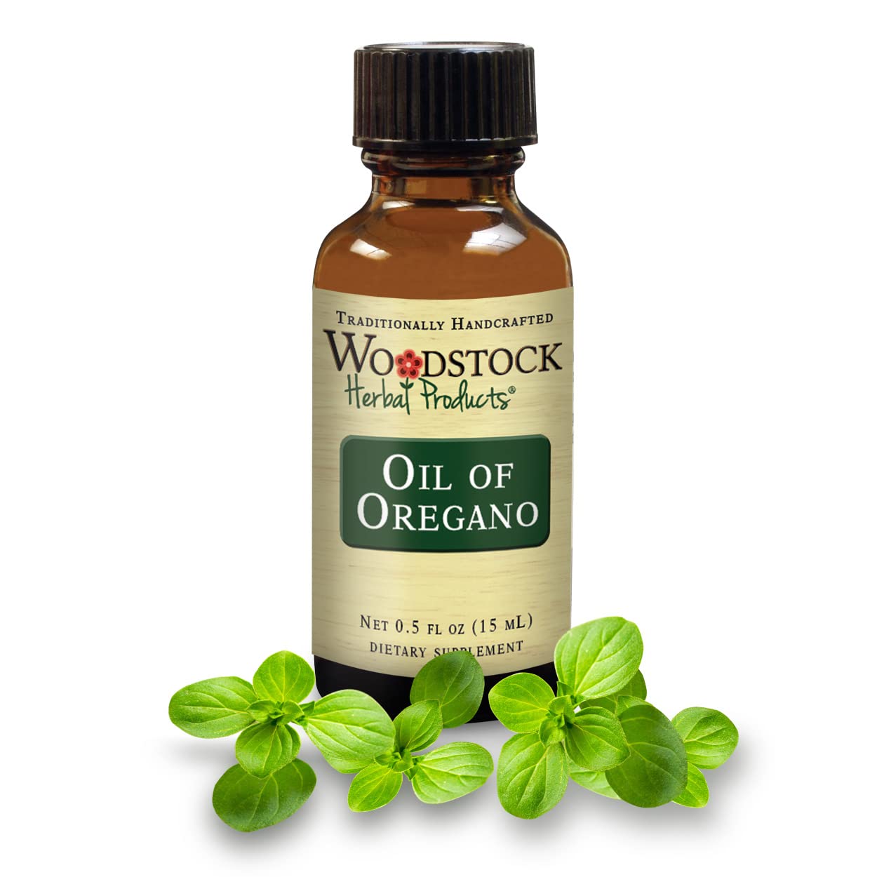 Front view of Woodstock Oil of Oregano 0.5 oz bottle