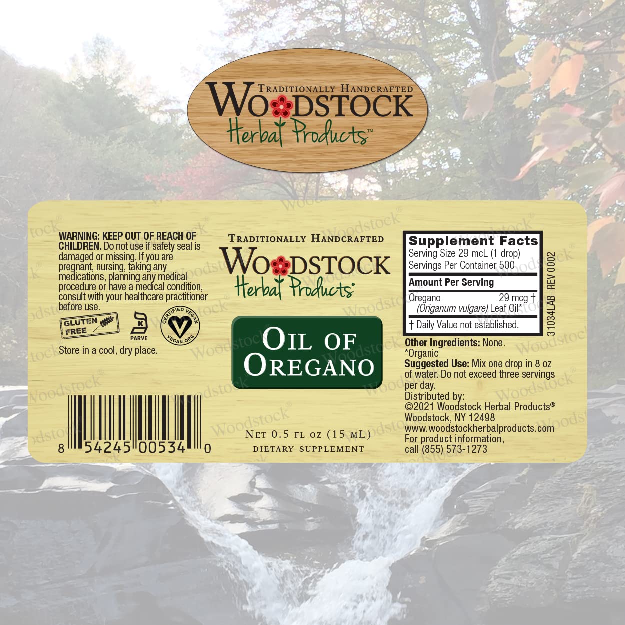 Woodstock Oil of Oregano 0.5 oz label close-up