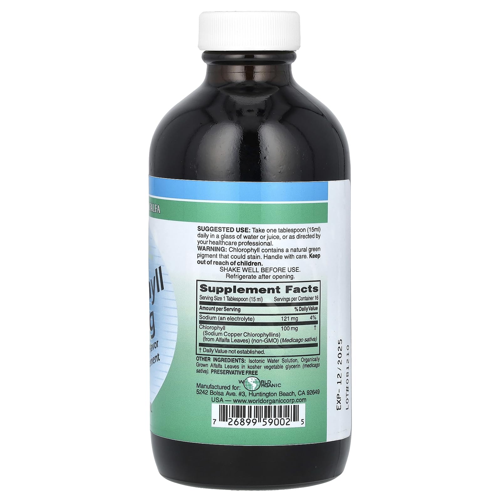 World Organic Chlorophyll Liquid 100mg 8oz bottle - label close-up