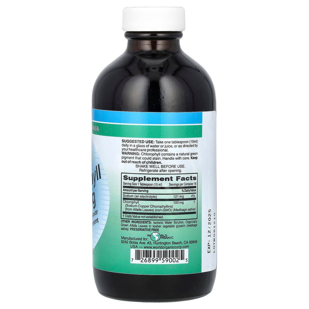 World Organic Chlorophyll Liquid 100mg 8oz bottle - label close-up