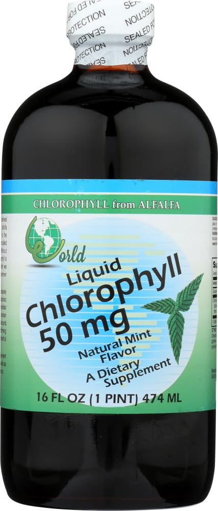 Front view of World Organic Liquid Chlorophyll Mint bottle showing 50 mg per serving and 16 oz size