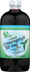 Front view of World Organic Liquid Chlorophyll Mint bottle showing 50 mg per serving and 16 oz size