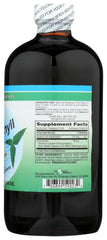 Pouring World Organic Liquid Chlorophyll Mint into a glass with mint garnish