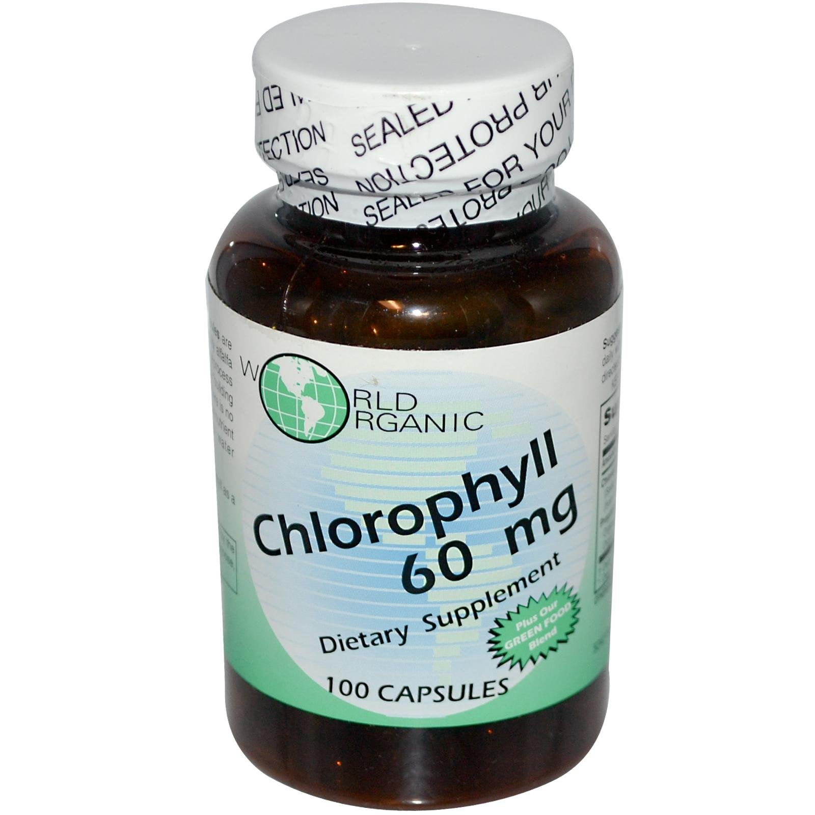 World Organic Mega Chlorophyll 100 mg Capsules bottle — 60 count