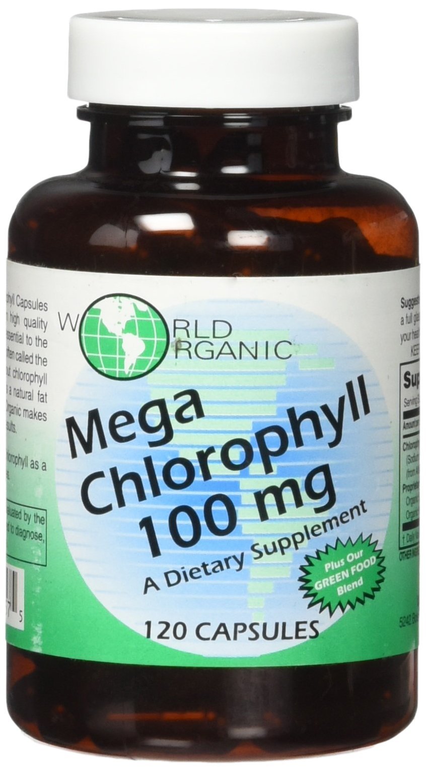 World Organics Mega Chlorophyll 100 mg bottle with 120 capsules