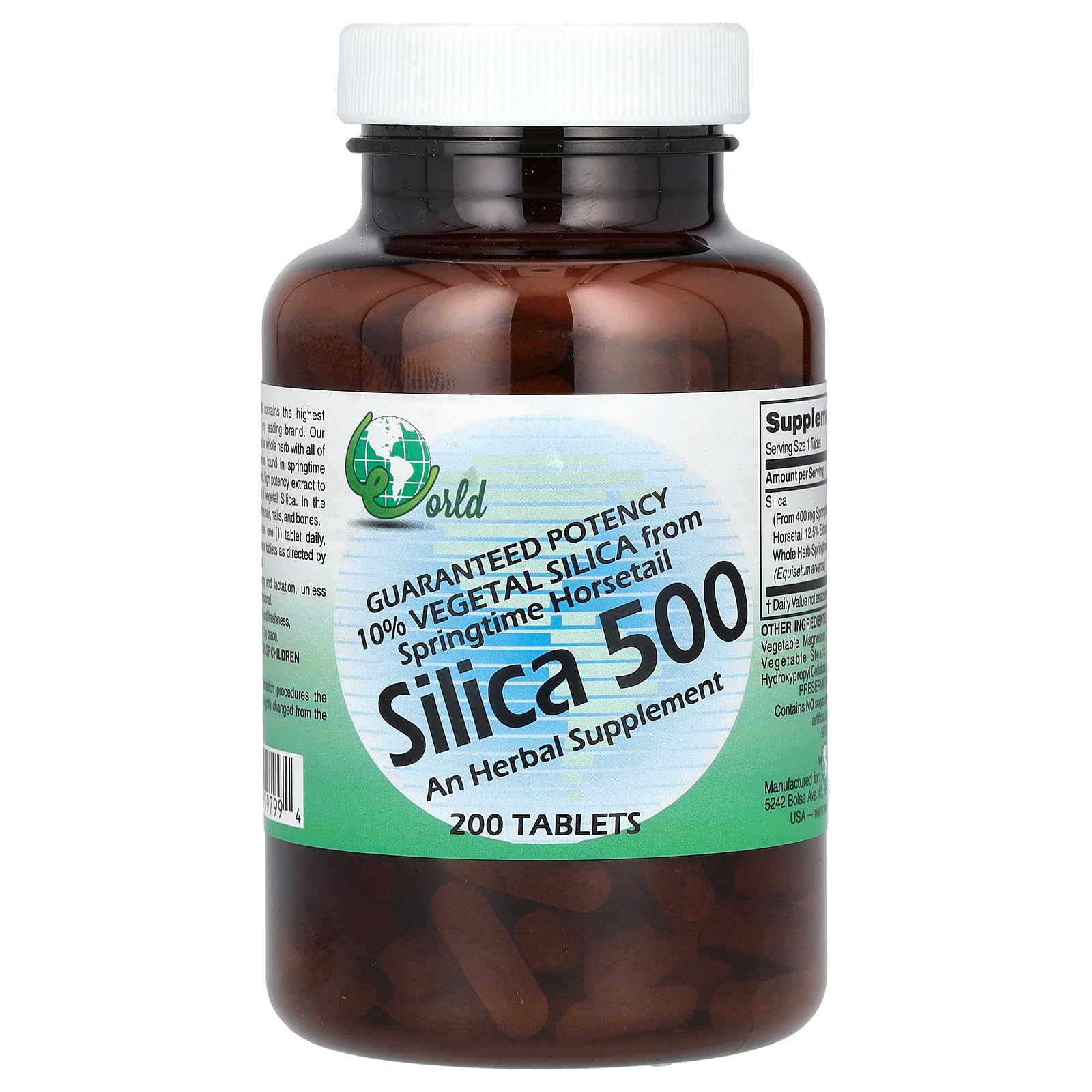 World Organics Silica 500mg Tabs bottle front view