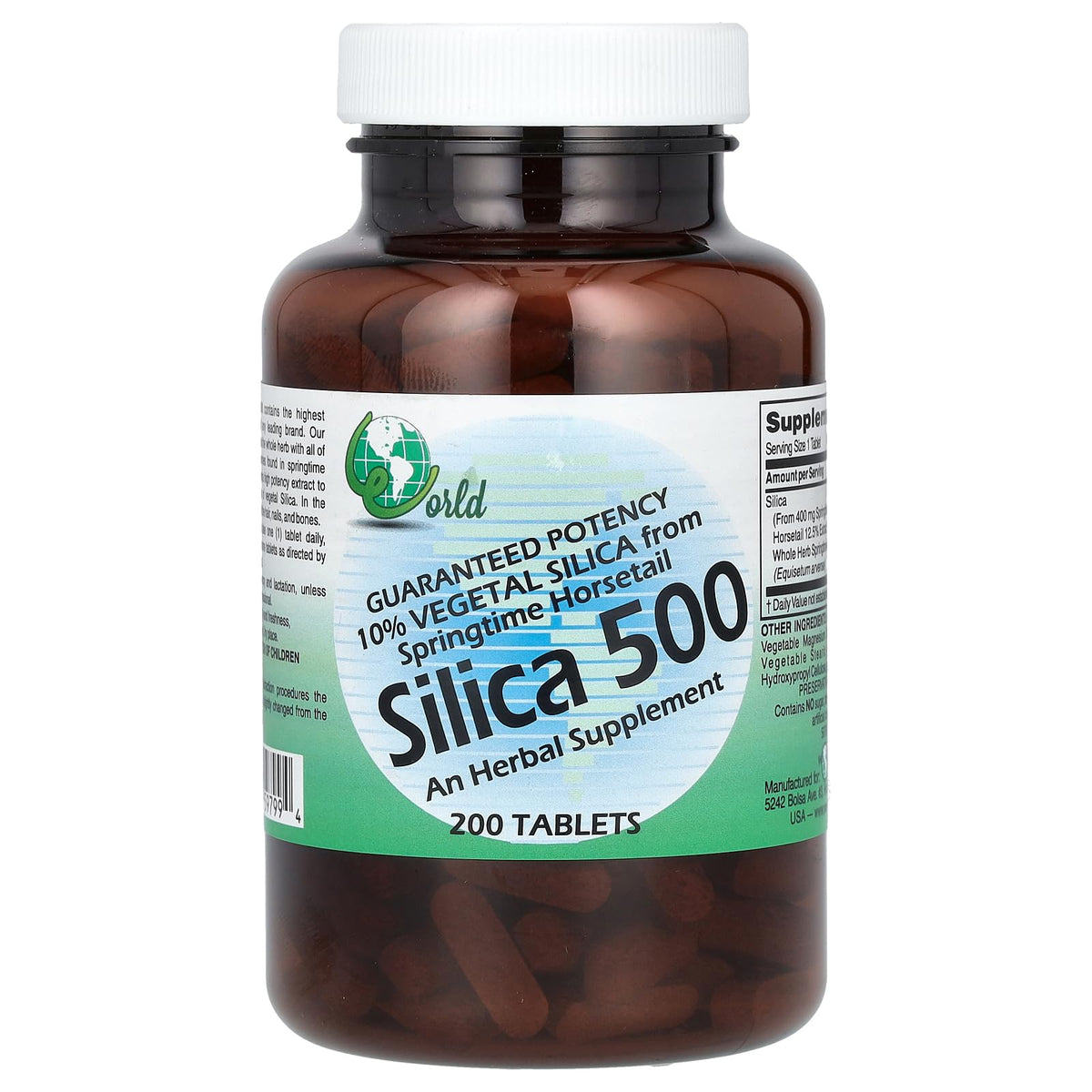 World Organics Silica 500mg Tabs bottle front view