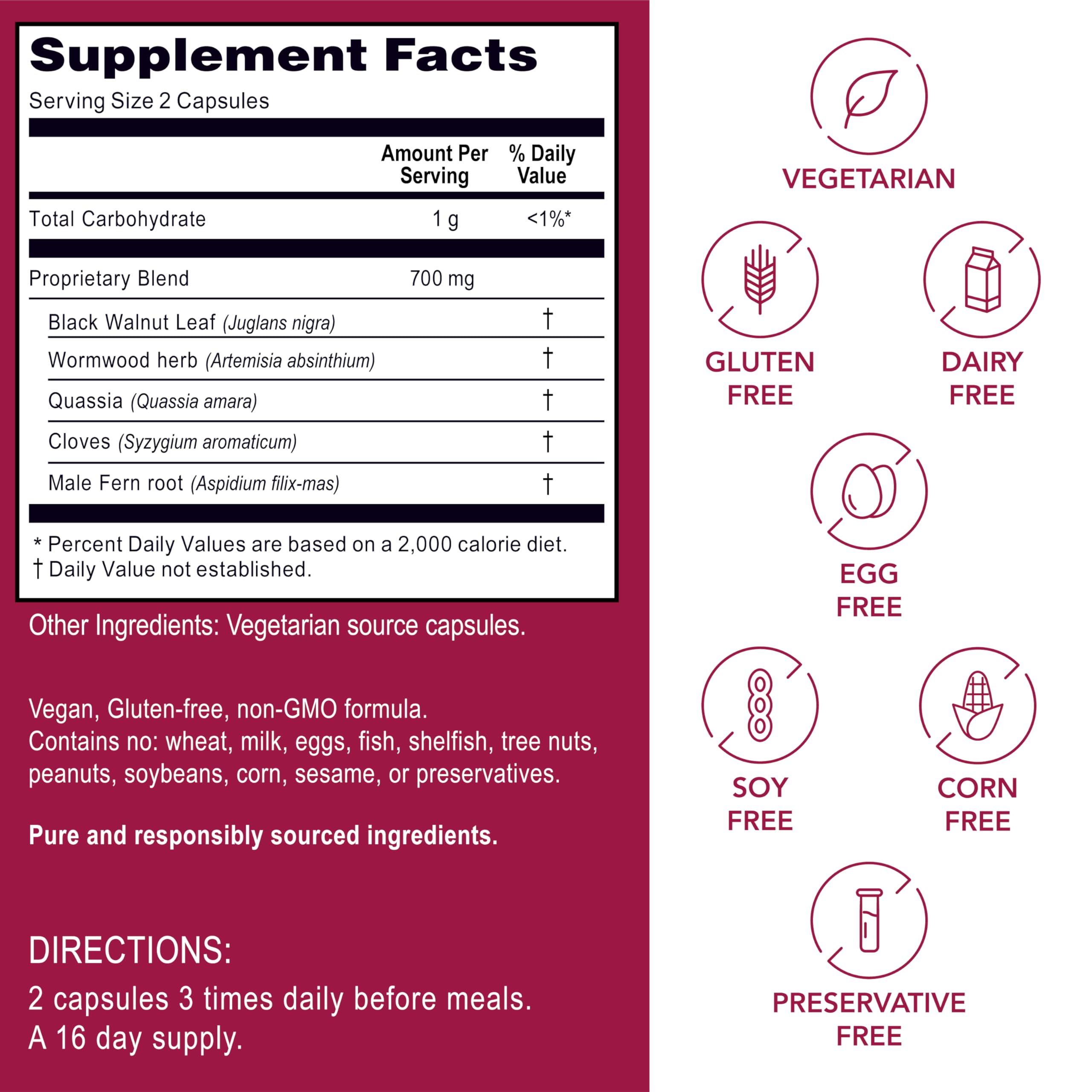 Label showing Non-GMO, Vegan, Gluten Free features