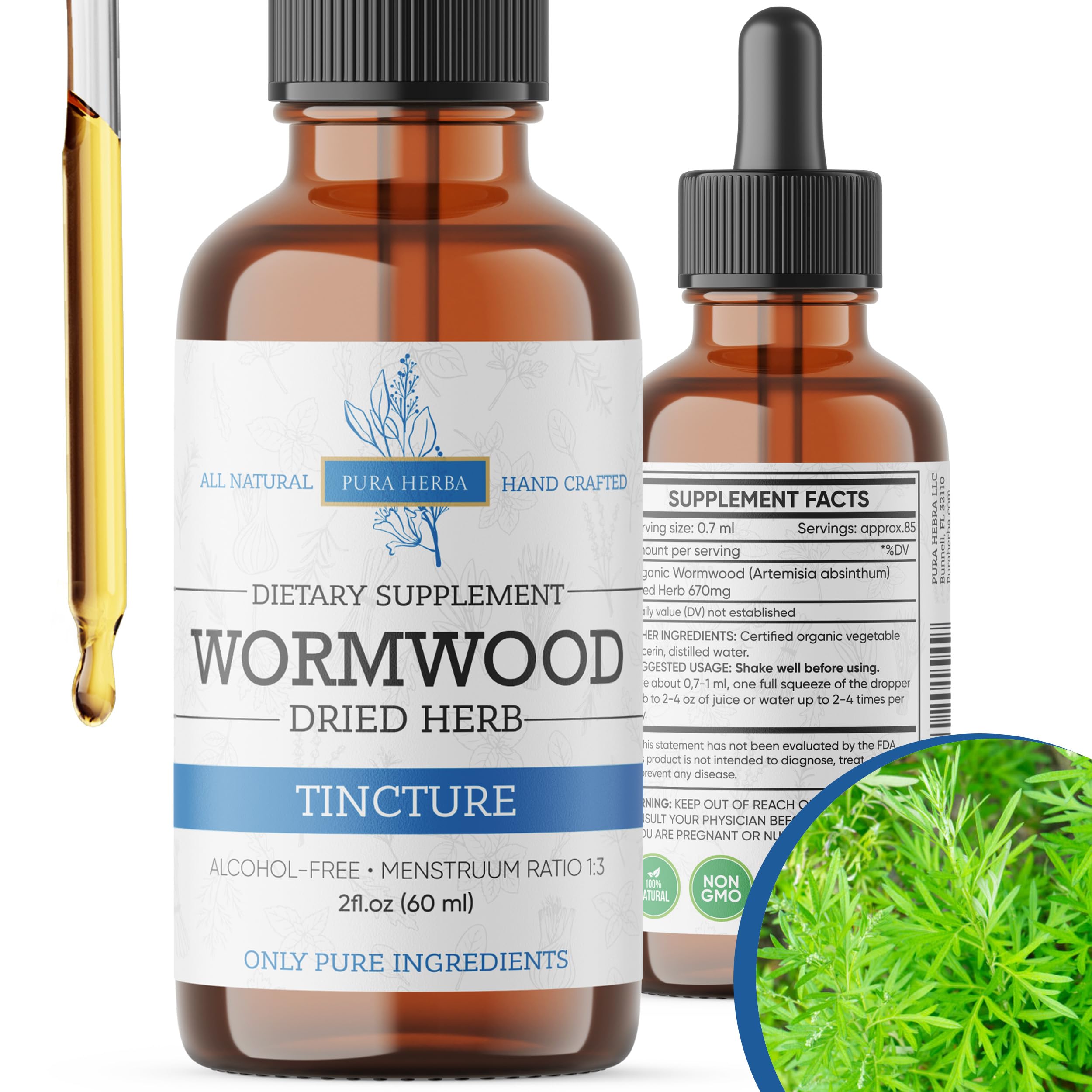Wormwood Organic Tincture bottle with dropper