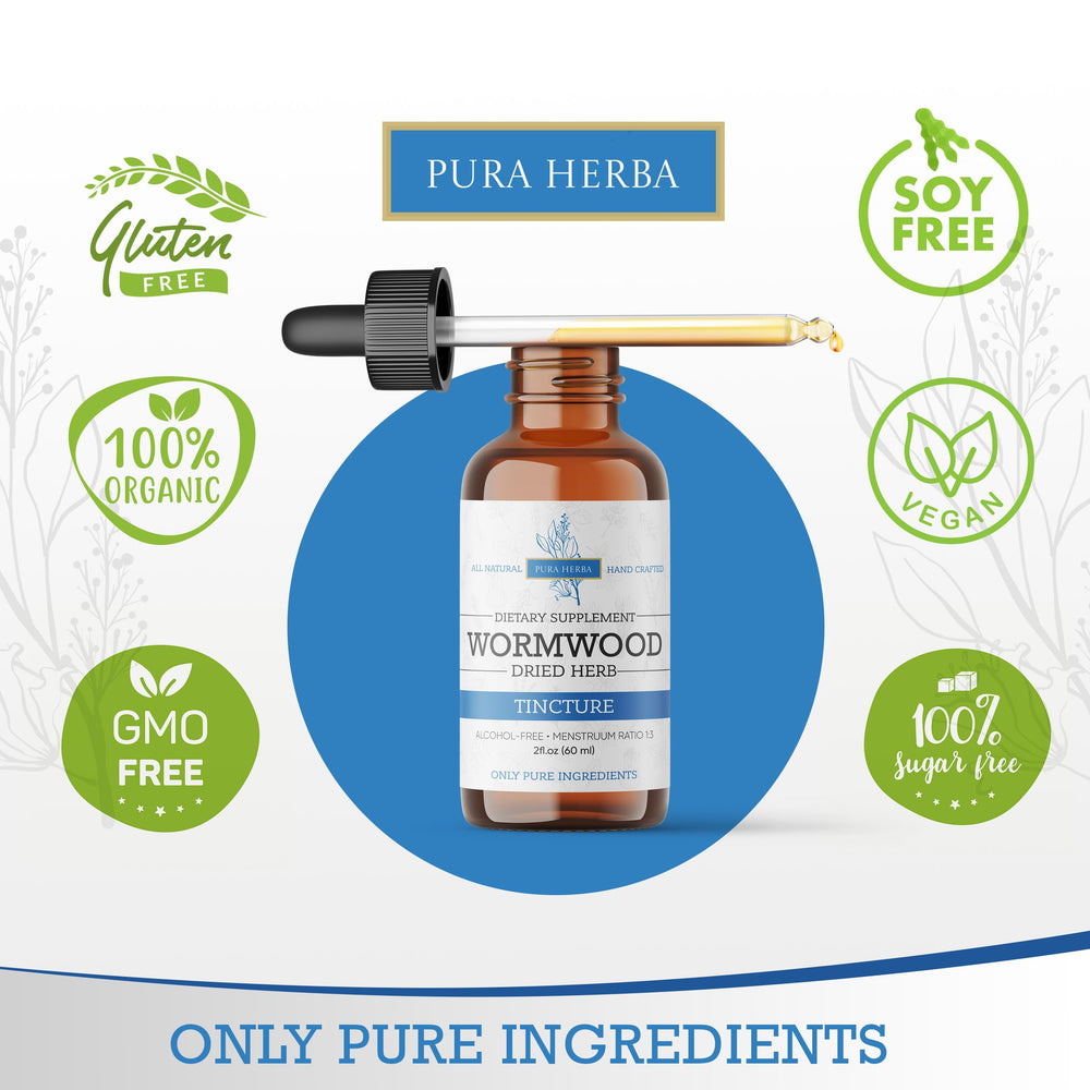 Label showing organic wormwood, alcohol-free and vegan attributes