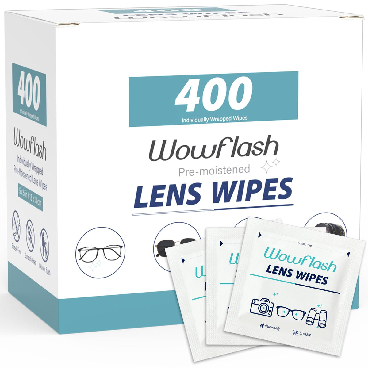 Box of WOWFLASH 400-count lens wipes for eyeglasses