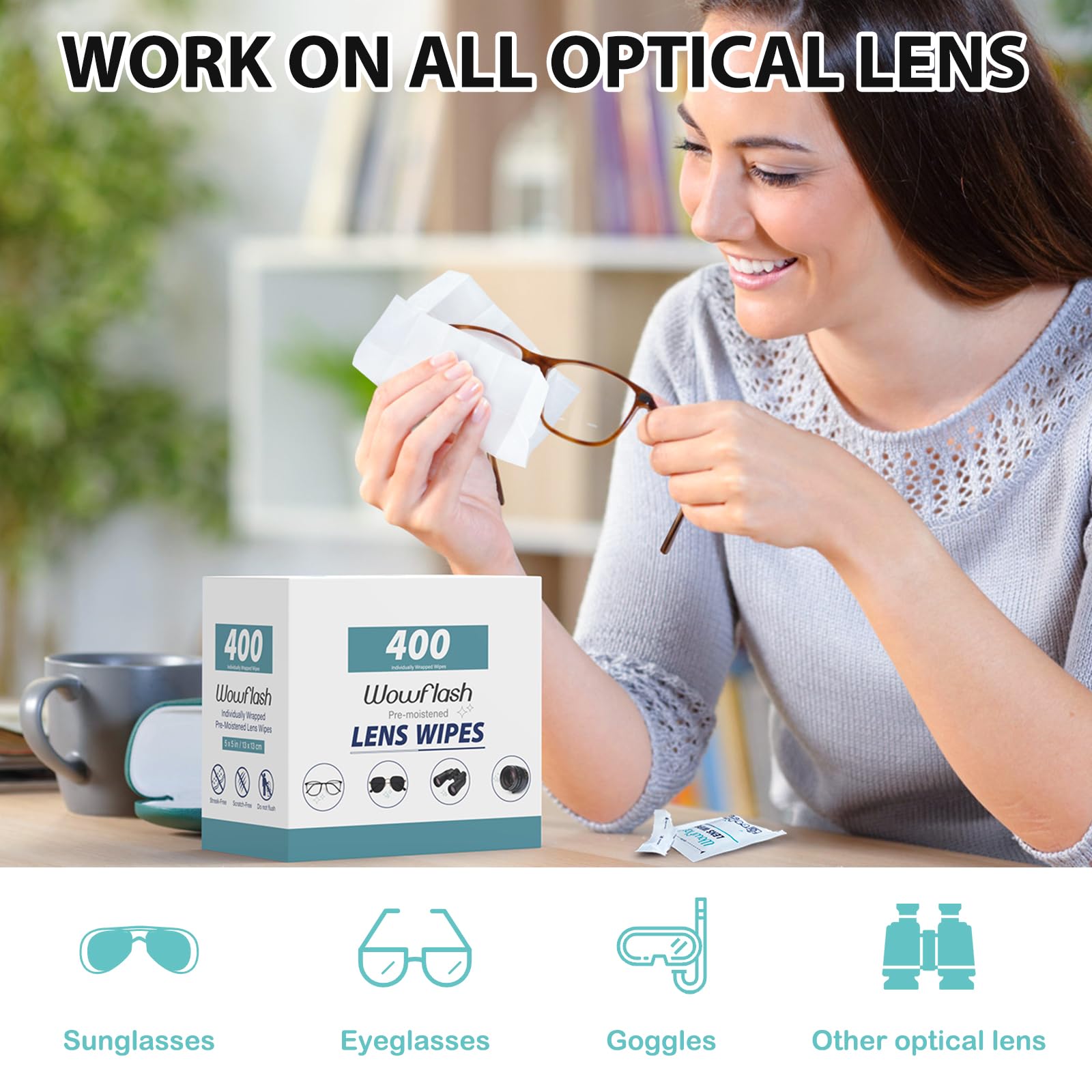 Close-up of a single pre-moistened lens wipe in wrapper