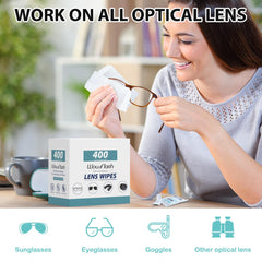 Close-up of a single pre-moistened lens wipe in wrapper