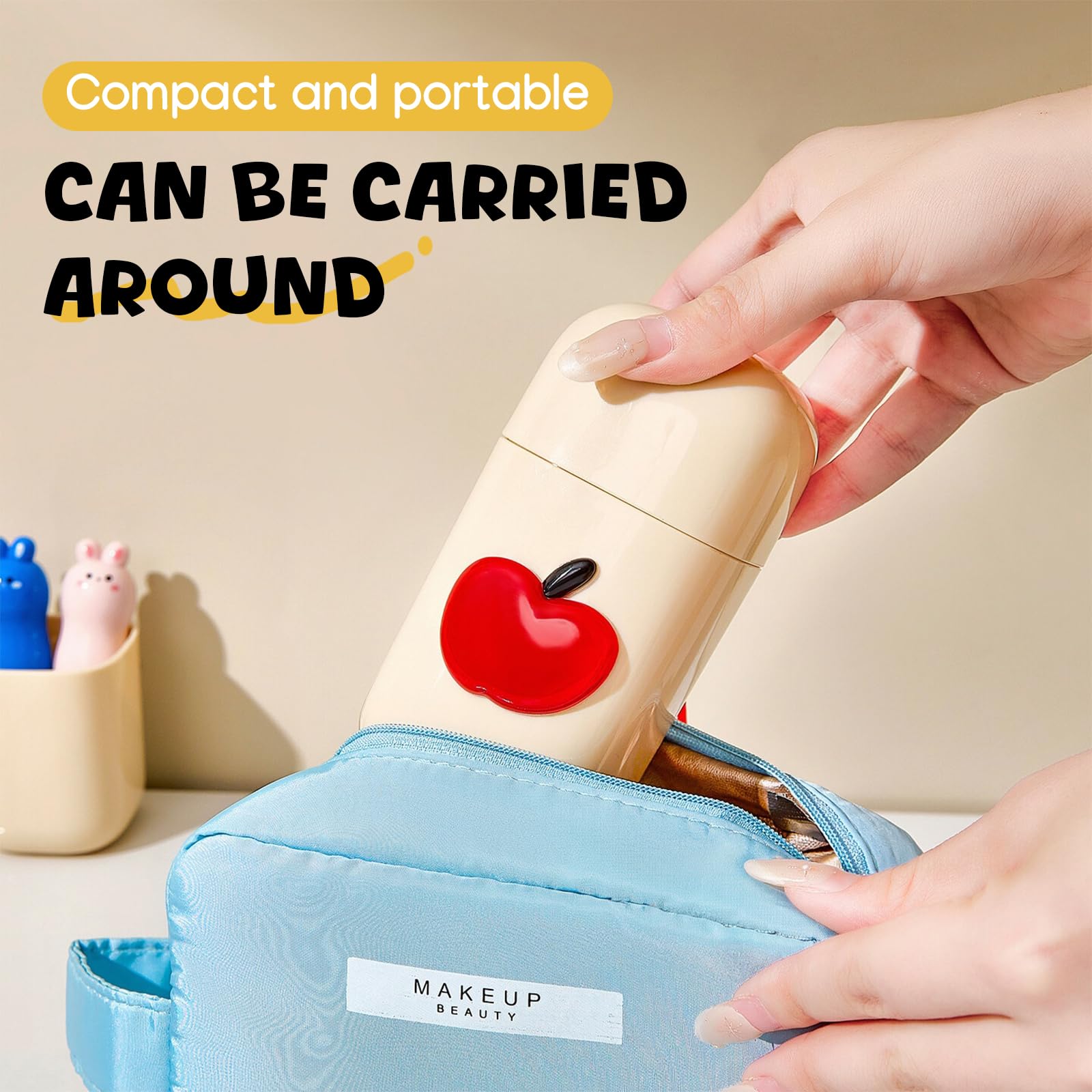 Compact design shown inside a toiletry bag