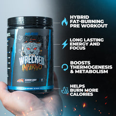 Huge Supplements Wrecked Inferno watermelon flavor powder on shelf signaling sustained energy.