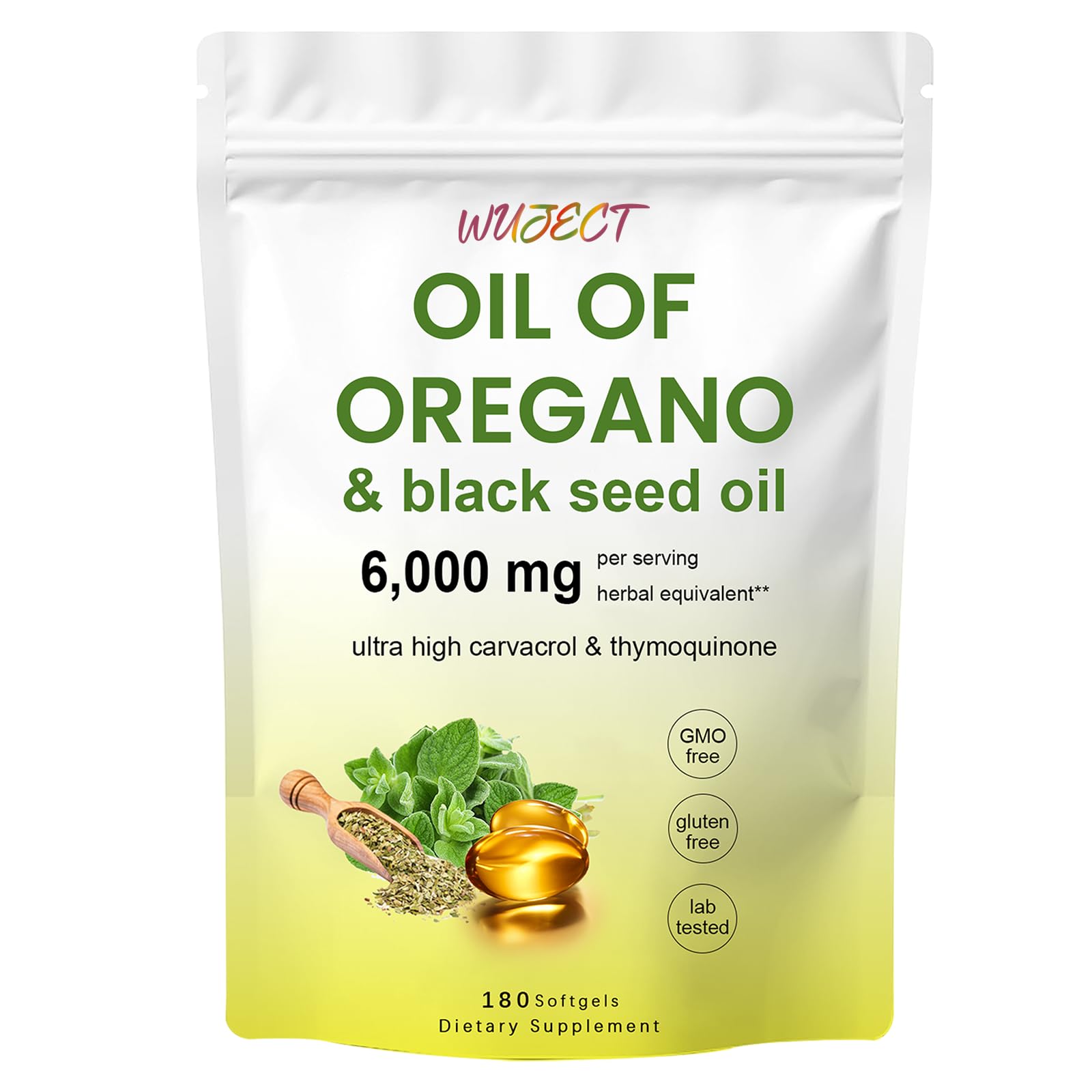 WUJECT Resilia oregano oil softgels hero image with bottle