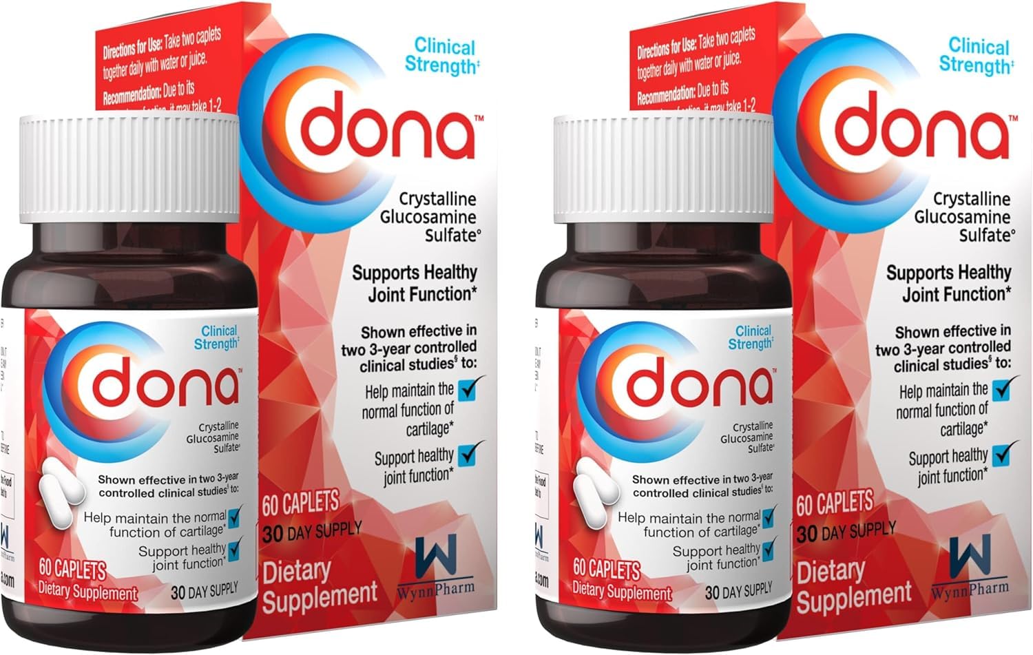 Front view of WynnPharm Dona Glucosamine Sulfate 750 mg bottle in a 2-pack (60-count).
