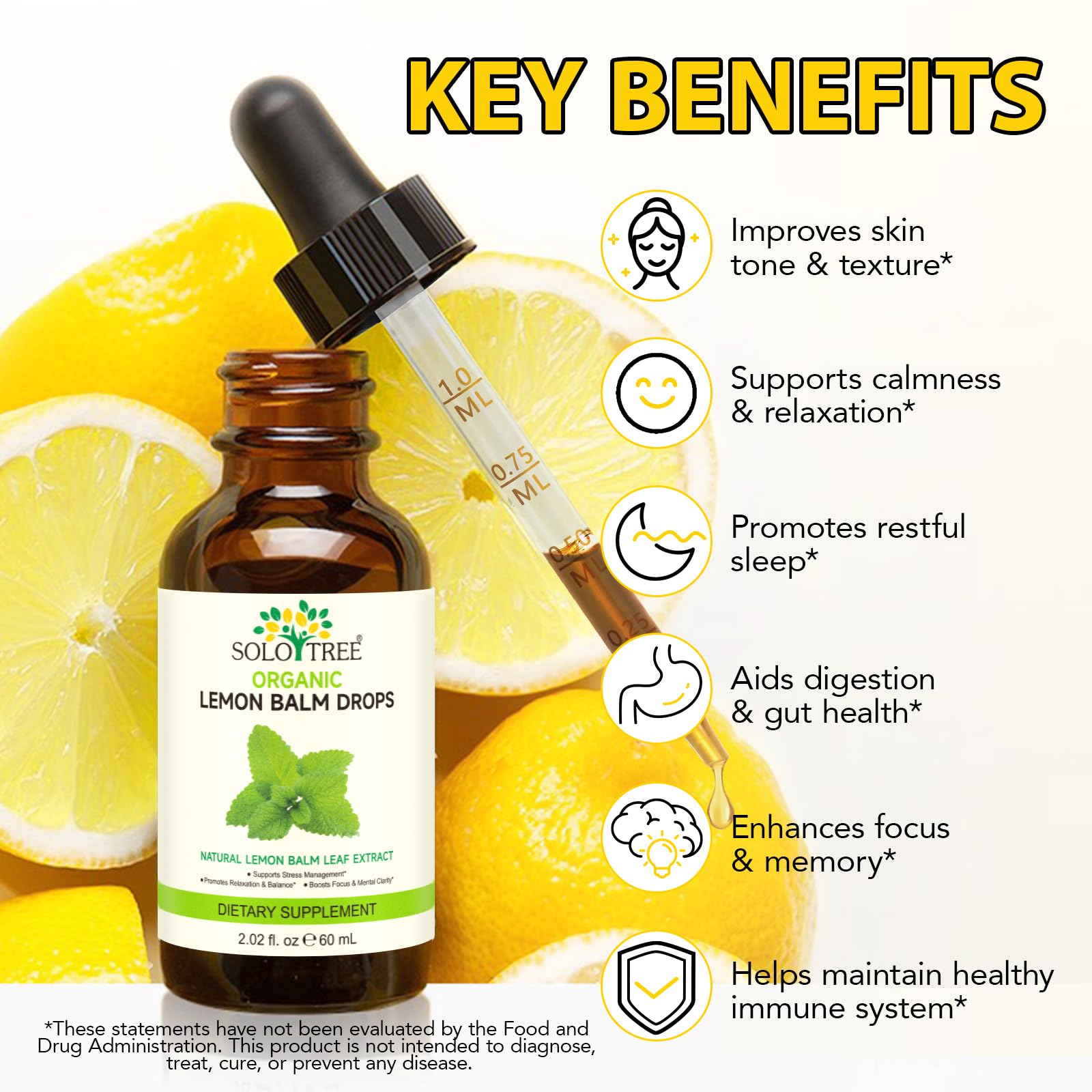 Lemon balm drops bottle with dropper for easy dosing