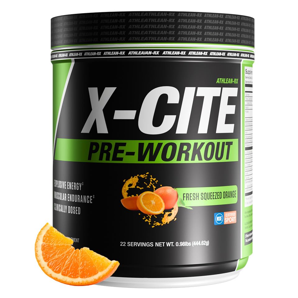 Front view of X-CITE Pre-Workout by ATHLEAN-X bottle in Fresh Squeezed Orange flavor