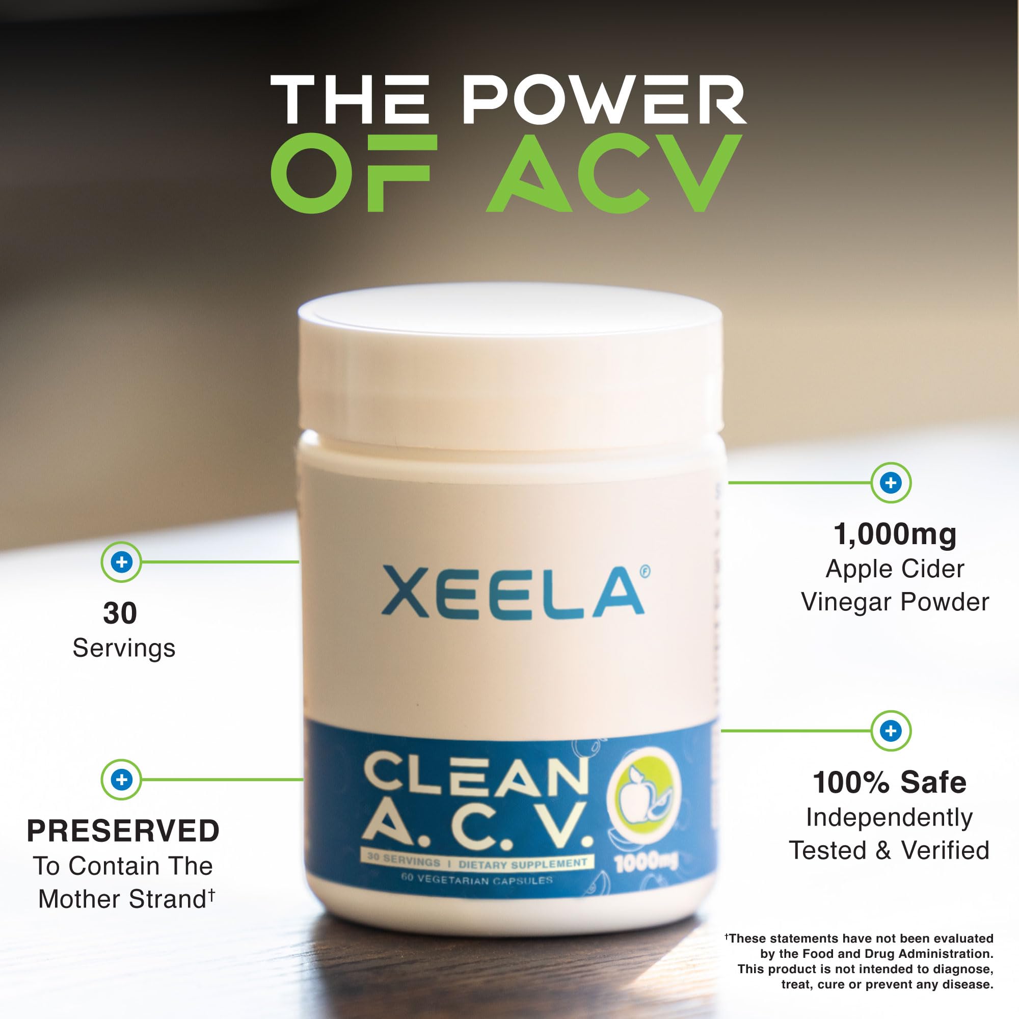 XEELA capsules next to a measuring spoon illustrating recommended serving size and dosing