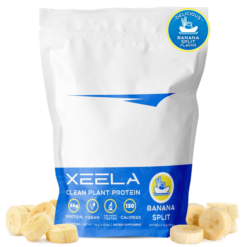Xeela Banana Split vegan protein powder packaging hero shot