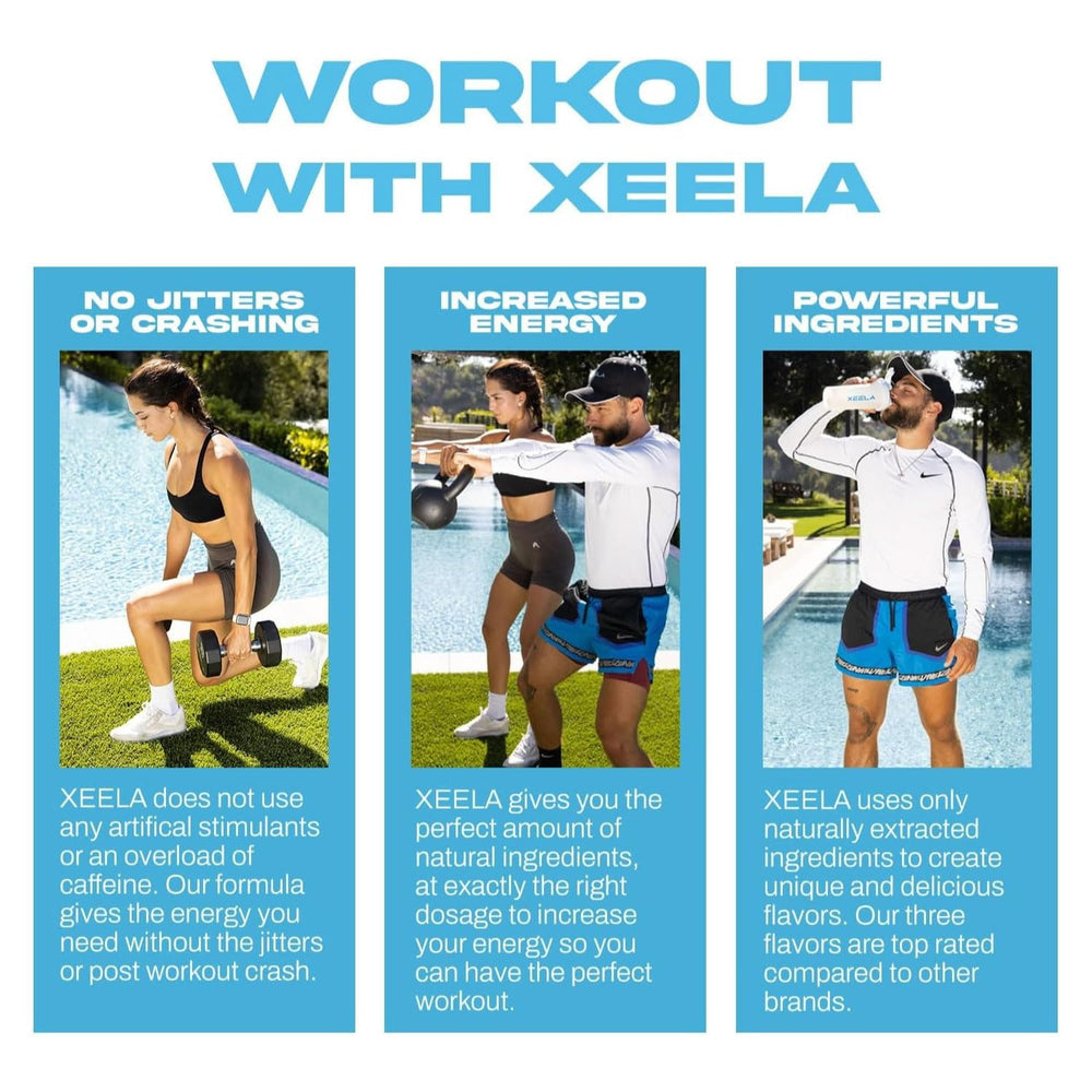 Glass of XEELA blue raspberry drink ready for a workout session